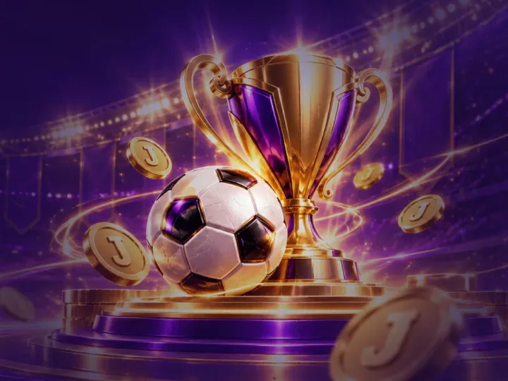 Ilustração do Torneio de Esportes do Já.bet: troféu dourado com bola de futebol e moedas com a letra J