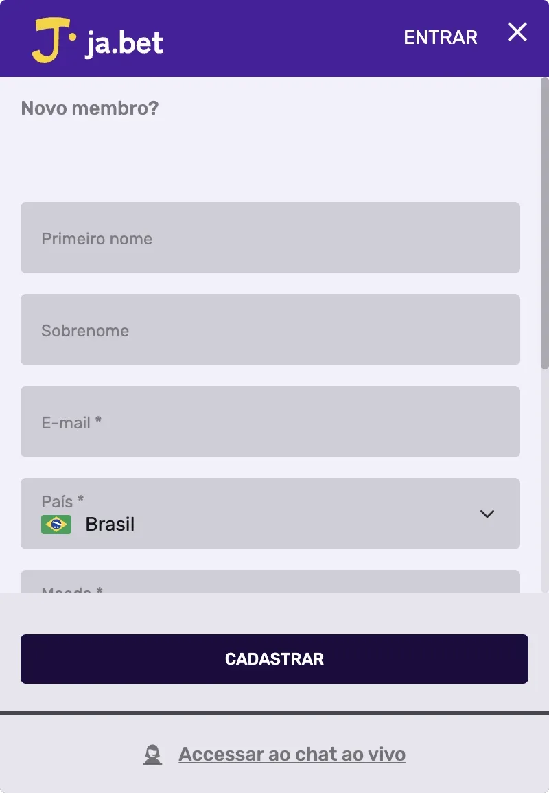 Janela de cadastro do Já.bet com os campos Primeiro nome, Sobrenome, E-mail, País (Brasil já selecionado) e Moeda e o botão Cadastrar